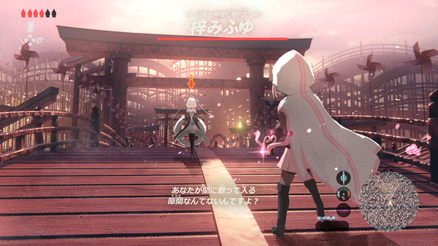 samidare (hoshi), azusa mifuyu, tamaki iroha, magia record: mahou shoujo madoka magica gaiden, mahou shoujo madoka magica, nintendo, the legend of zelda, the legend of zelda: breath of the wild, commentary request, translation request, 2girls, aqua eyes, arrow (symbol), bare shoulders, battle, black boots, black choker, black coat, black gloves, black shorts, black sleeves, black thighhighs, bodystocking, boots, bow, bow (weapon), bridge, chakram, choker, cloak, coat, crossbow, detached sleeves, from behind, full body, fur-trimmed coat, fur trim, gloves, glowing, grey boots, grey bow, hair between eyes, hair bow, hair horns, health bar, holding, holding behind back, holding weapon, holding weapon behind back, hood, hood down, hood up, hooded cloak, hooded coat, huge weapon, light particles, looking at another, magical girl, map, miniskirt, multiple girls, outdoors, parody, parted lips, pendant choker, pink hair, pink skirt, pleated skirt, short hair, shorts, shorts under skirt, skirt, sleeveless, sleeveless coat, soul gem, sunrise, thigh boots, thighhighs, torii, user interface, weapon, white cloak, white hair, white skirt, zettai ryouiki