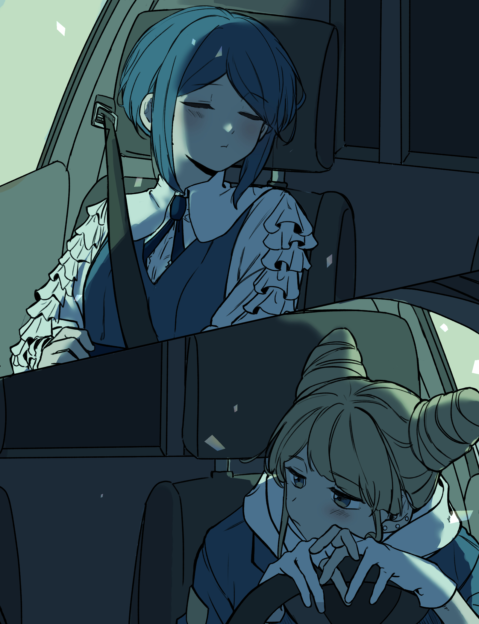 fukurai azami, jasmine (toshi densetsu kaitai center), toshi densetsu kaitai center, commentary request, highres, 2girls, blue hair, car interior, closed eyes, closed mouth, collared shirt, cone hair bun, cookie telo, double bun, frilled shirt, frilled sleeves, frills, gloves, hair bun, hood, hood down, long sleeves, looking at another, multiple girls, partially fingerless gloves, shirt, short hair, sidelighting, sleeping, sleeping upright, upper body
