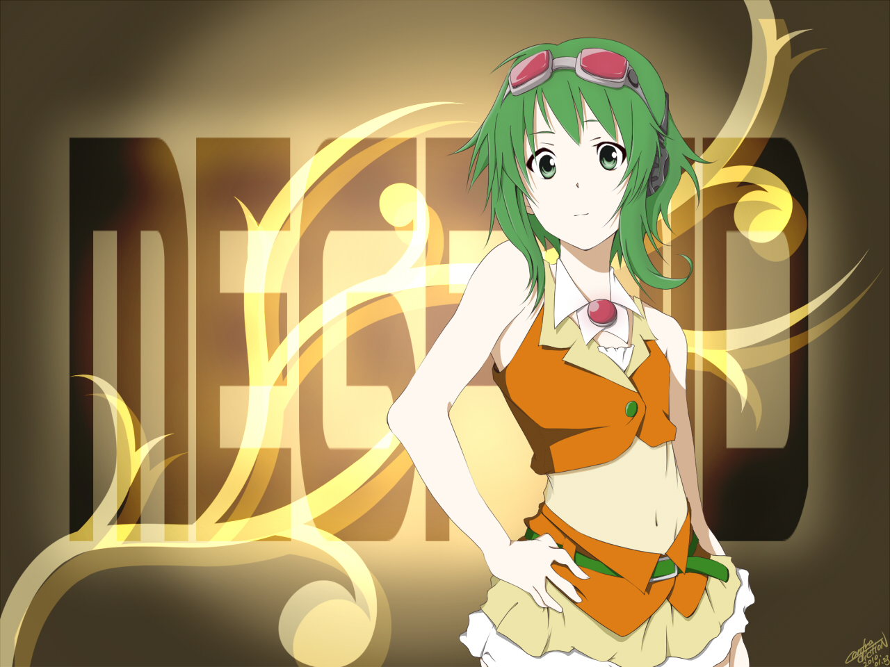 mujun (zipper), gumi, tainaka ritsu, k-on!, vocaloid, bad id, bad pixiv id, derivative work, 1girl, female focus, goggles, goggles on head, green eyes, green hair, hand on own hip, headset, hip focus, matching hair/eyes, parody, solo
