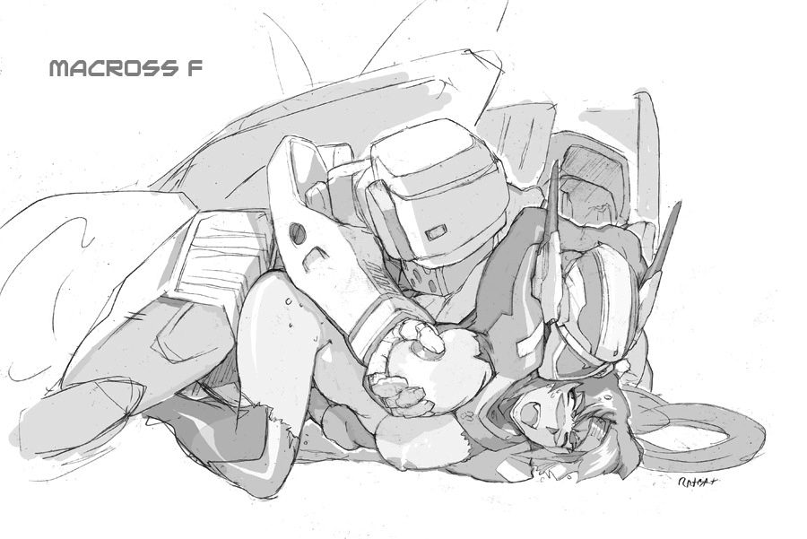 ratbat, klan klein, meltrandi, saotome alto, vf-25, zentradi, macross, macross frontier, eyebrows, pilot suit, 1girl, artist name, blush, bodysuit, breasts, couple, doggystyle, fang, female masturbation, giant, giantess, good end, grabbing another's breast, greyscale, groping, headband, hetero, huge breasts, long hair, masturbation, mecha, monochrome, nipples, rape, robot, s.m.s., sex, sex from behind, spacesuit, sweat, torn clothes, very long hair, wince