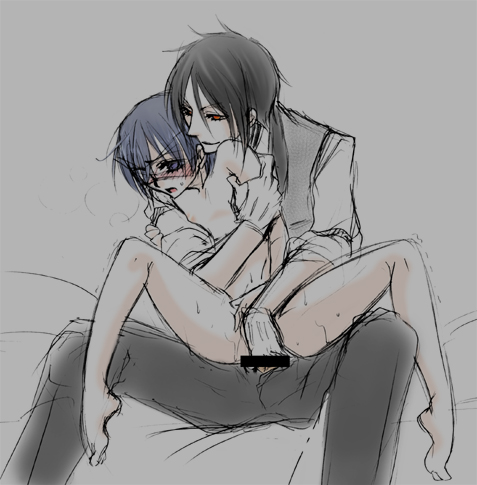 ciel phantomhive, sebastian michaelis, kuroshitsuji, lowres, 2boys, black hair, blue eyes, blue hair, blush, censored, eyepatch, gloves, male focus, multiple boys, red eyes, shota, spread legs, sweat, yaoi