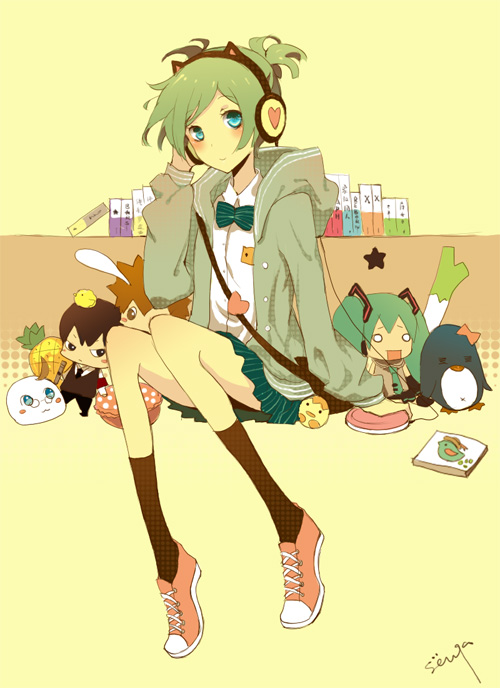 seuga, america (hetalia), hachune miku, hatsune miku, hibari kyouya, hibird, sawada tsunayoshi, axis powers hetalia, katekyo hitman reborn!, vocaloid, bad id, bad pixiv id, character request, 1girl, animal ears, book, cameo, casual, cat ears, character doll, doll, female focus, food, fruit, green eyes, green hair, matching hair/eyes, pineapple, ponytail, school uniform, shoes, skirt, solo