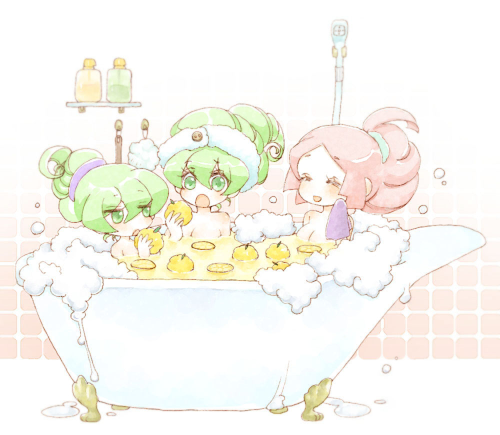 yahoro, macne coco, macne nana, macne nana petit, apple inc., macne series, 3girls, apple, bathing, bathtub, closed eyes, foam, food, fruit, green eyes, green hair, hair up, long hair, macintosh, multiple girls, pink hair, yuzu (fruit)