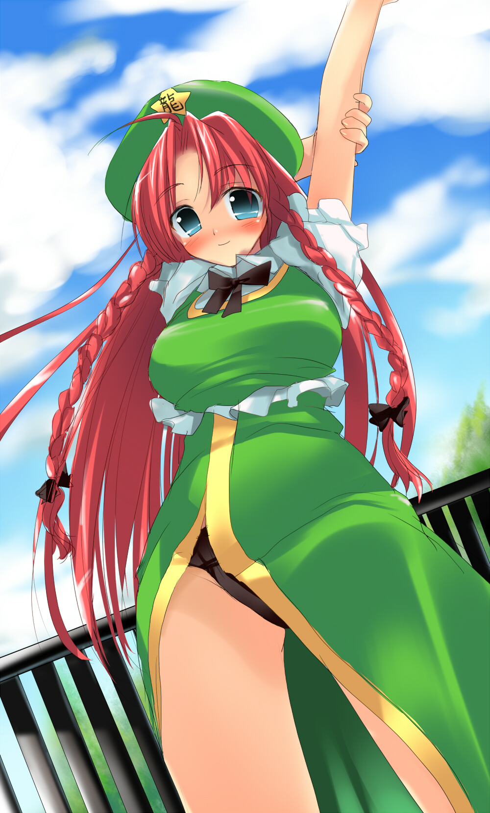 uya (munyu), hong meiling, touhou, bad id, bad pixiv id, highres, 1girl, black panties, blue eyes, braid, china dress, chinese clothes, dress, female focus, hat, long hair, panties, red hair, smile, solo, twin braids, underwear