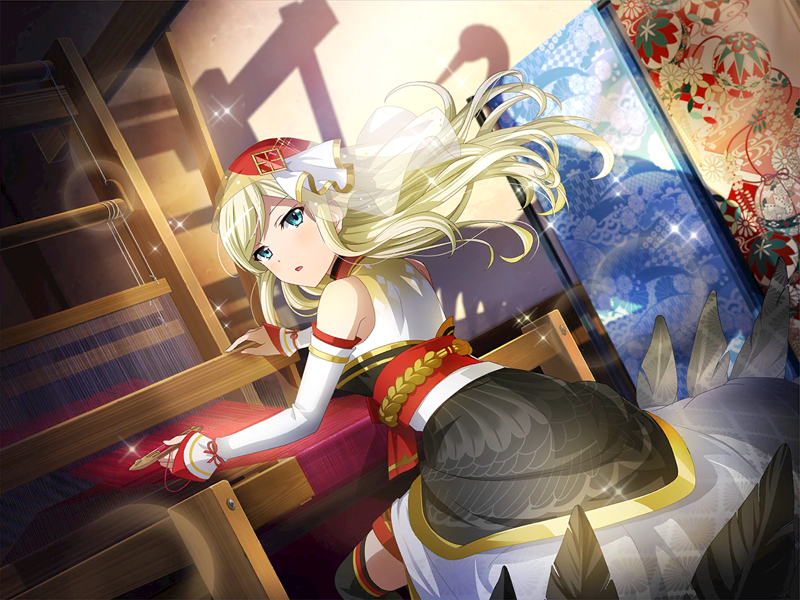 yumeoji fumi, shoujo kageki revue starlight, shoujo kageki revue starlight -re live-, tsuru no ongaeshi, game cg, official art, 1girl, blonde hair, blue eyes, detached sleeves, different shadow, feathers, floating hair, japanese clothes, kimono, looking at viewer, looking back, loom, parted lips, shadow, sitting, solo, white kimono, white sleeves