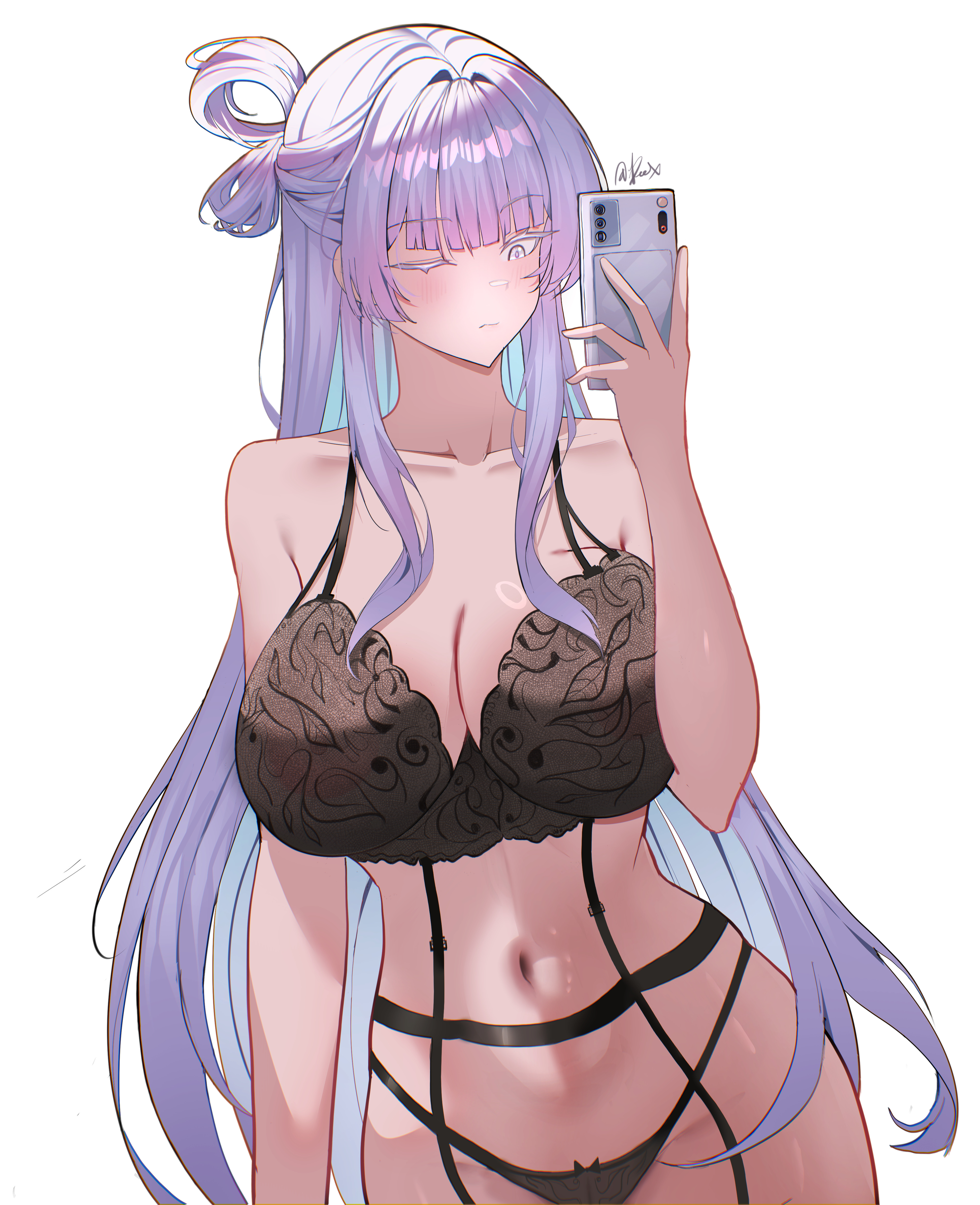 nayuta (nikke), goddess of victory: nikke, absurdres, commentary, highres, 1girl, aqua hair, arm at side, artist name, bare arms, bare shoulders, black bra, black panties, blunt bangs, blush, bow, bow panties, bra, breasts, cellphone, chromatic aberration, cleavage, closed mouth, collarbone, colored eyelashes, colored inner hair, cowboy shot, deex, groin, hair rings, half updo, hand up, holding, holding phone, large breasts, lingerie, long hair, looking at phone, multicolored hair, navel, one eye closed, panties, phone, purple eyes, purple hair, selfie, sidelocks, simple background, smartphone, solo, standing, stomach, two-tone hair, underwear, unusually open eyes, very long hair, white background