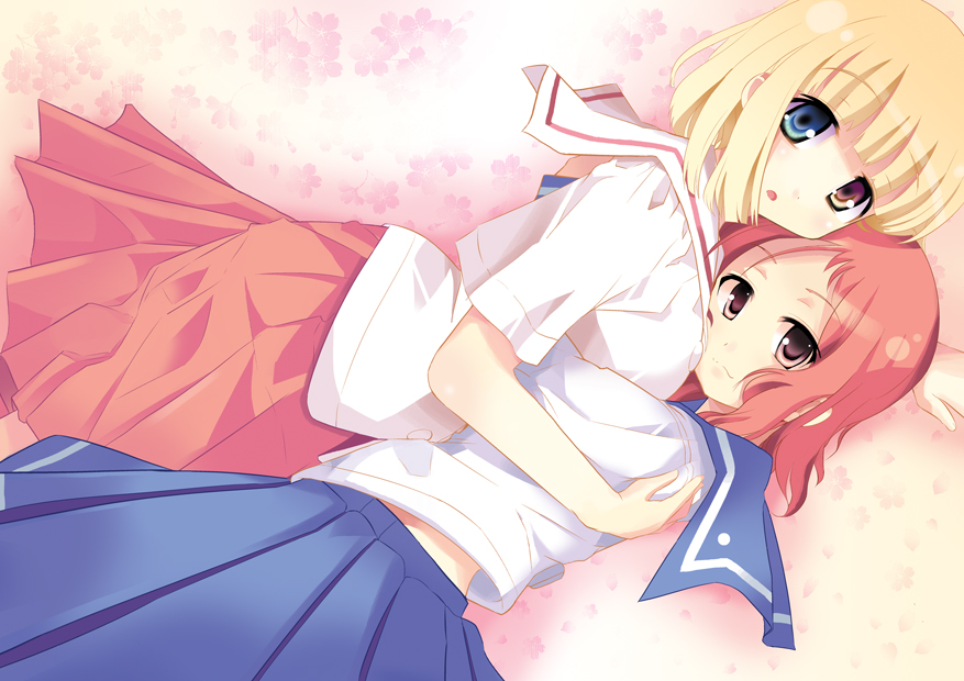 piaroo, fukuji mihoko, takei hisa, saki (manga), bad id, bad pixiv id, 2girls, blonde hair, cuddling, heterochromia, hug, multiple girls, red hair, school uniform, serafuku, short hair, yuri