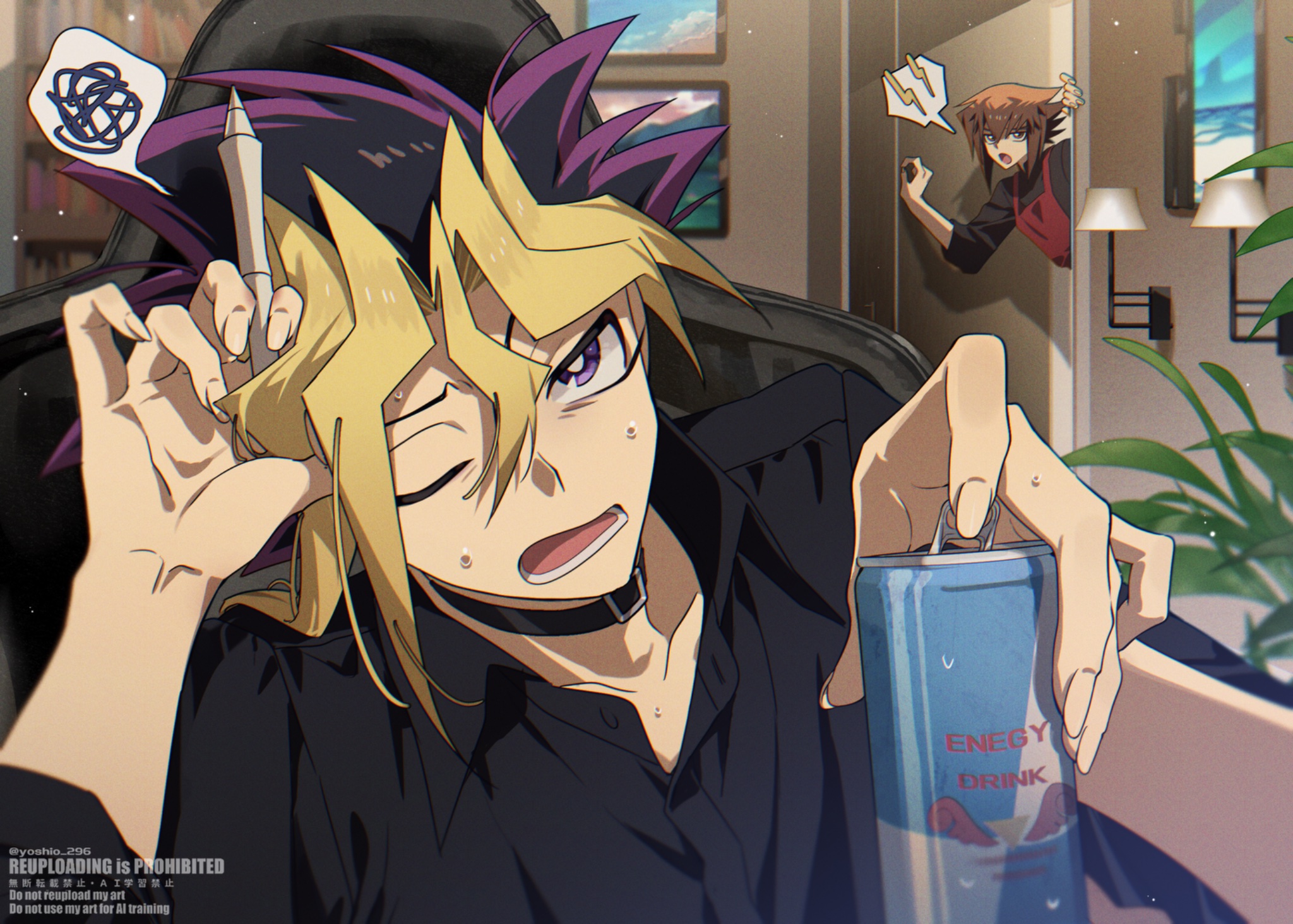 yoshio 296, muto yugi, yuki judai, red bull, yu-gi-oh!, yu-gi-oh! duel monsters, yu-gi-oh! gx, commentary request, highres, 2boys, apple, black choker, black hair, black shirt, blonde hair, blurry, blurry background, brown eyes, brown hair, can, choker, drink can, energy drink, food, fruit, holding, holding stylus, in-franchise crossover, indoors, male focus, multicolored hair, multiple boys, one eye closed, purple eyes, purple hair, shirt, short hair, solo focus, spiked hair, stylus, sweat, upper body