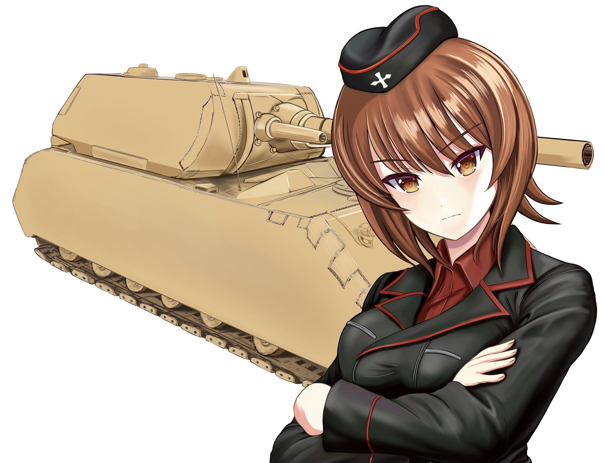 zaofeng, nishizumi maho, girls und panzer, commentary request, highres, 1girl, black hat, black jacket, breasts, brown eyes, brown hair, cardboard, cross, crossed arms, eyes visible through hair, garrison cap, hair between eyes, hat, iron cross, jacket, kuromorimine military uniform, large breasts, long sleeves, looking at viewer, maus (tank), military, military hat, military jacket, military uniform, military vehicle, motor vehicle, red shirt, serious, shirt, short hair, simple background, solo, tank, upper body, white background