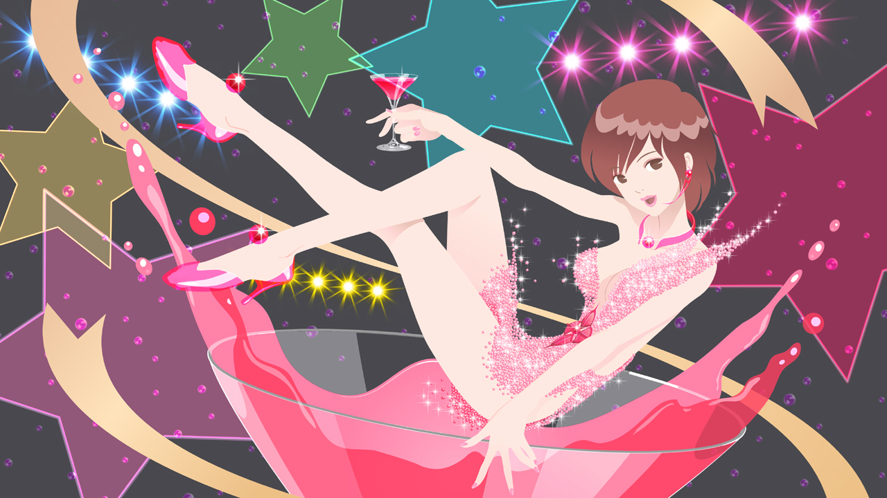 hata hata, meiko (vocaloid), vocaloid, 1girl, brown eyes, brown hair, cocktail, dress, female focus, flat color, full body, high heels, legs, shoes, short dress, short hair, smile, solo, star (symbol)