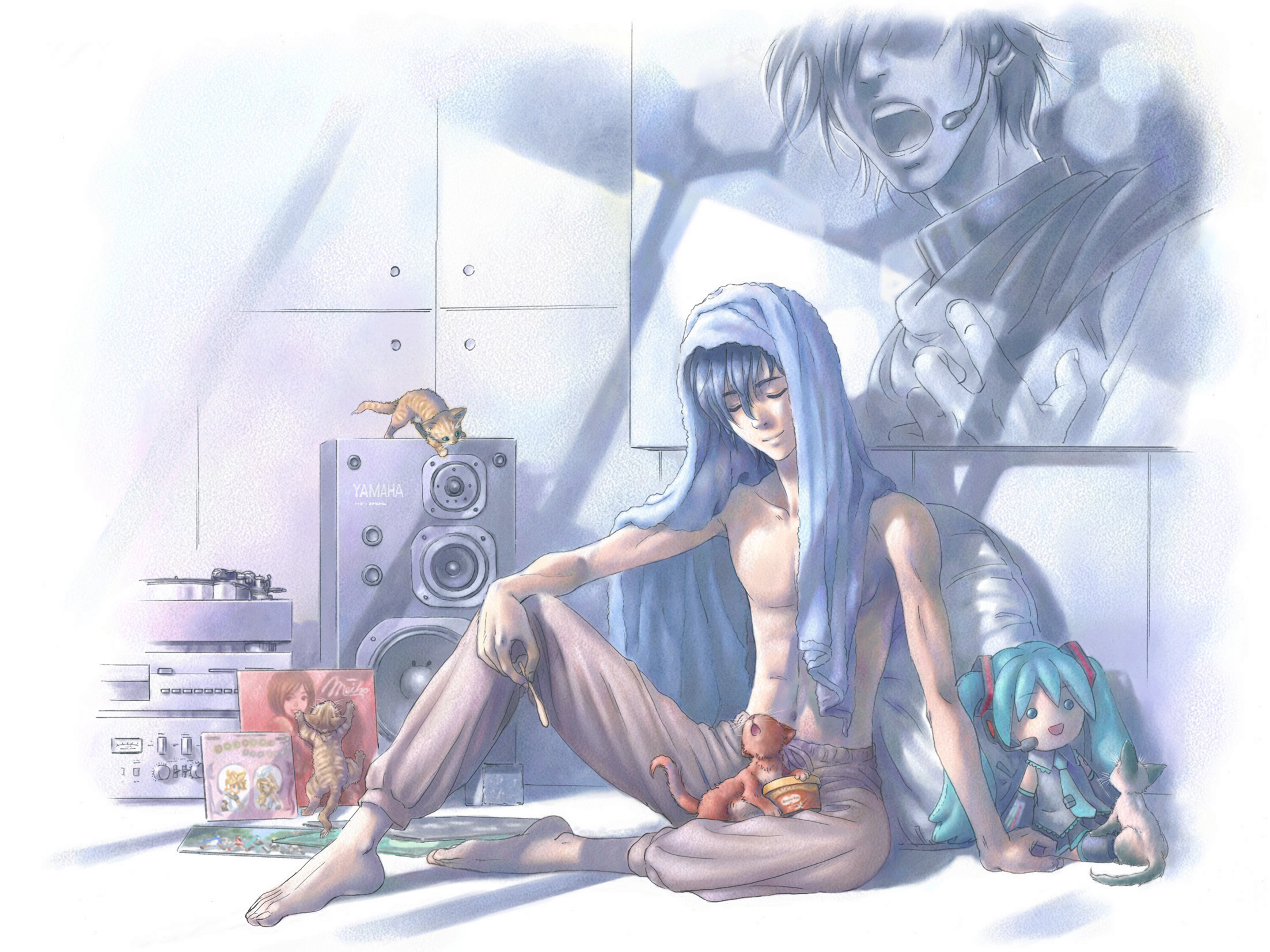 hata hata, hatsune miku, kagamine len, kagamine rin, kaito (vocaloid), meiko (vocaloid), vocaloid, highres, 1boy, album (object), animal, baby animal, bean bag, bean bag chair, blue hair, cameo, cat, character doll, doll, feet, food, ice cream, indoors, kitten, long hair, male focus, phonograph, puppet, record jacket, sitting, smile, solo, speaker, topless male, towel, towel on head, turntable, white background