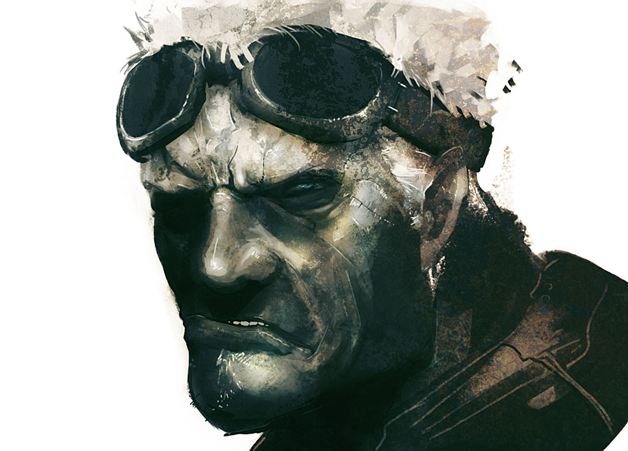 huke, damon baird, gears of war, 1boy, goggles, male focus, portrait, short hair, solo, white background, white hair