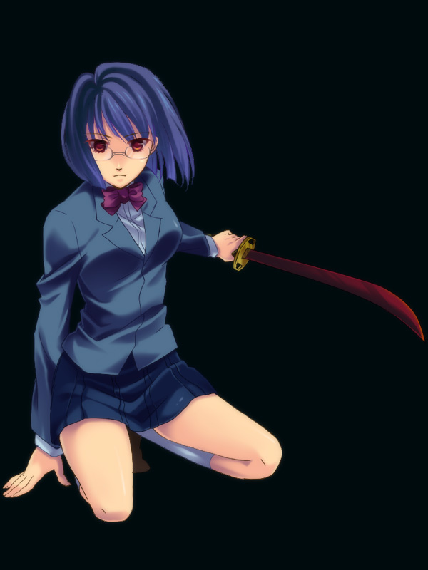 erhr, sonohara anri, durarara!!, black hair, bob cut, glasses, red eyes, school uniform, short hair, solo, sword, weapon