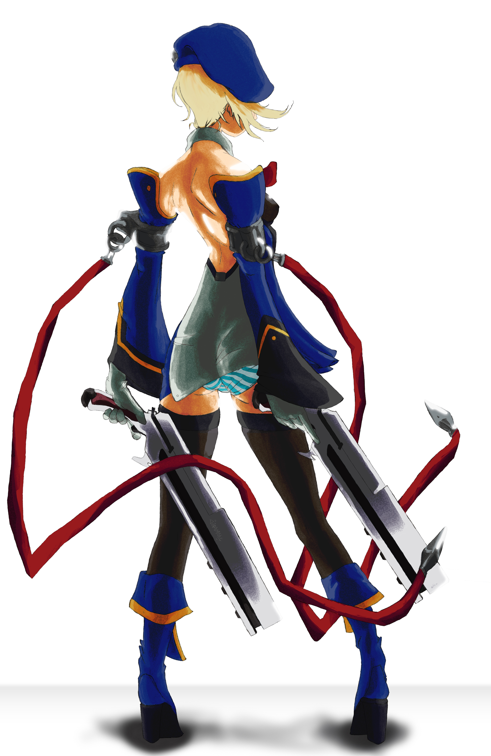 ken inamori, noel vermillion, arc system works, blazblue, absurdres, highres, 1girl, ass, back, backless outfit, bare back, beret, blonde hair, blue boots, boots, detached sleeves, female focus, from behind, gloves, gun, handgun, hat, panties, short hair, solo, striped clothes, striped panties, thighhighs, underwear, weapon, zettai ryouiki