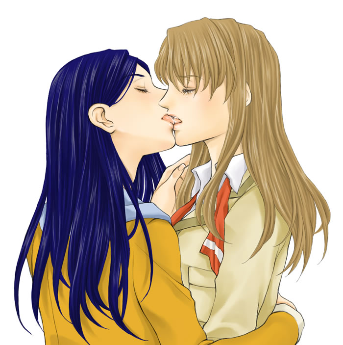 mico3, fujino shizuru, kuga natsuki, my-hime, 00s, 2girls, blonde hair, blue hair, brown hair, couple, eyelashes, french kiss, hug, kiss, long hair, multiple girls, open clothes, profile, school uniform, tears, tongue, yuri