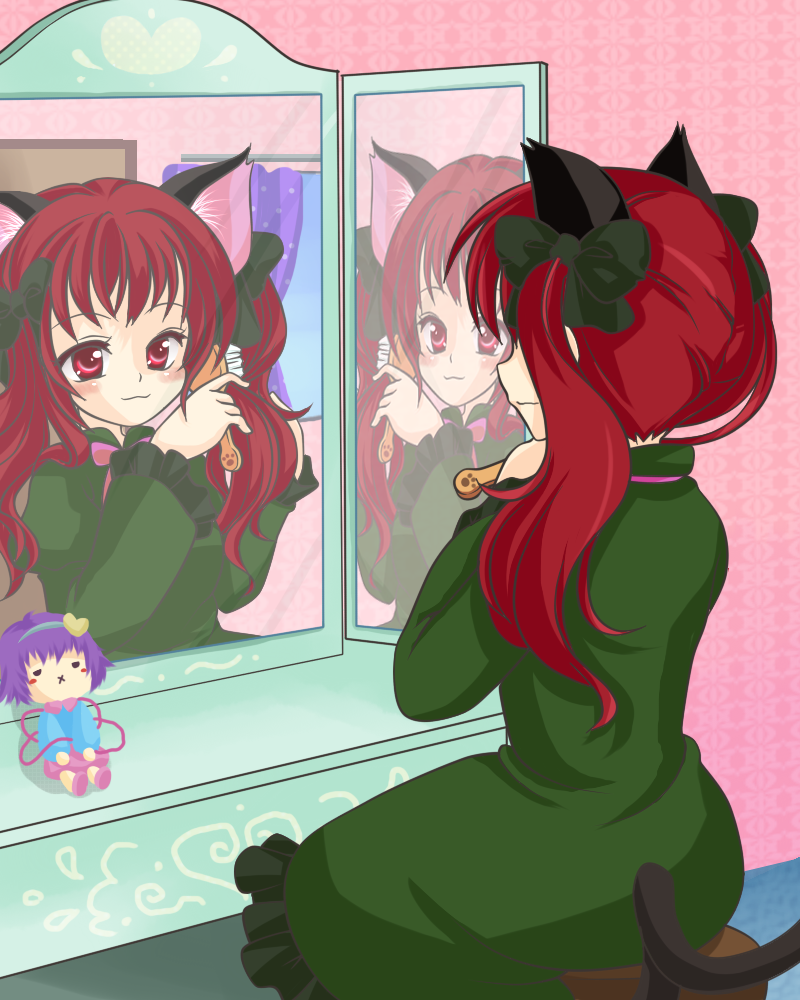 kotomi (artist), kotomi (happy colors), kaenbyou rin, komeiji satori, touhou, 1girl, alternate hairstyle, animal ears, brushing another's hair, brushing hair, cat ears, cat girl, cat tail, character doll, doll, female focus, hair brush, mirror, multiple tails, red eyes, red hair, tail, twintails