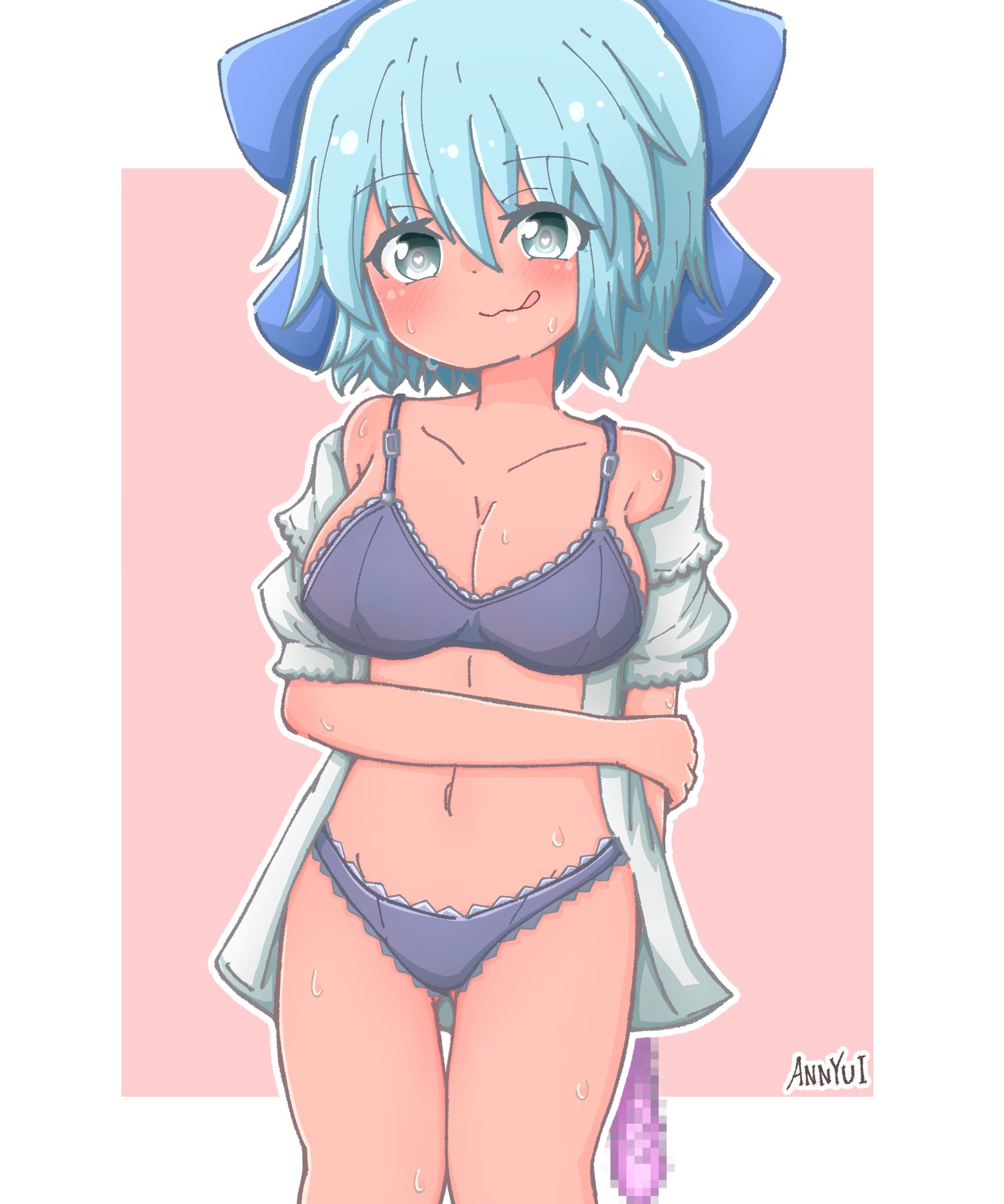 cirno, tanned cirno, highres, 1girl, bikini, black bikini, blue hair, blush, breasts, censored, crossed arms, dildo, heart, heart-shaped pupils, holding, holding sex toy, large breasts, light smile, looking at viewer, navel, rojiura mgr, sex toy, solo, standing, sweatdrop, swimsuit, symbol-shaped pupils, thigh gap, tongue, tongue out