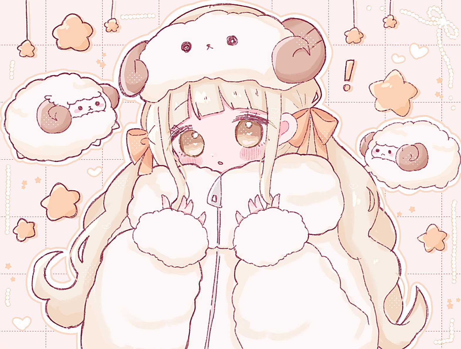 namiso (necokawa e), original, commentary request, !, 1girl, animal hat, blonde hair, blunt bangs, blush, checkered background, coat, fingernails, flipped hair, fur coat, hair ribbon, hands up, hat, heart, long hair, looking at viewer, orange ribbon, outline, parted lips, pink background, ribbon, sheep, sheep hat, sidelocks, solo, star (symbol), twintails, upper body, white coat, white outline, yellow eyes, zipper