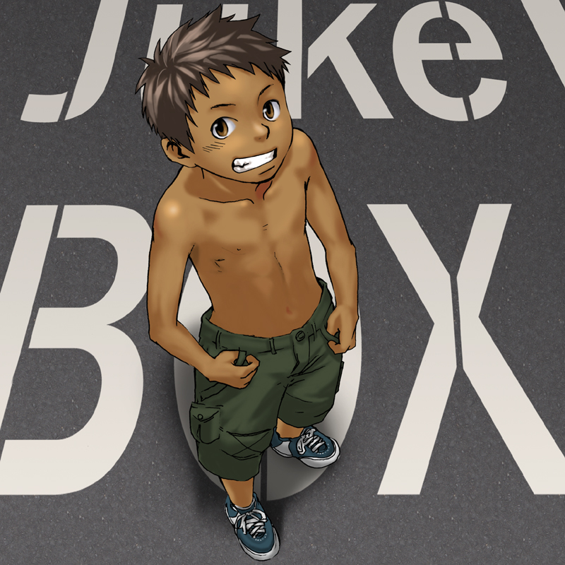 tsukumo gou, 1boy, brown eyes, brown hair, brown theme, child, full body, grin, male focus, shorts, simple background, smile, solo, standing, tan, topless male, yellow eyes