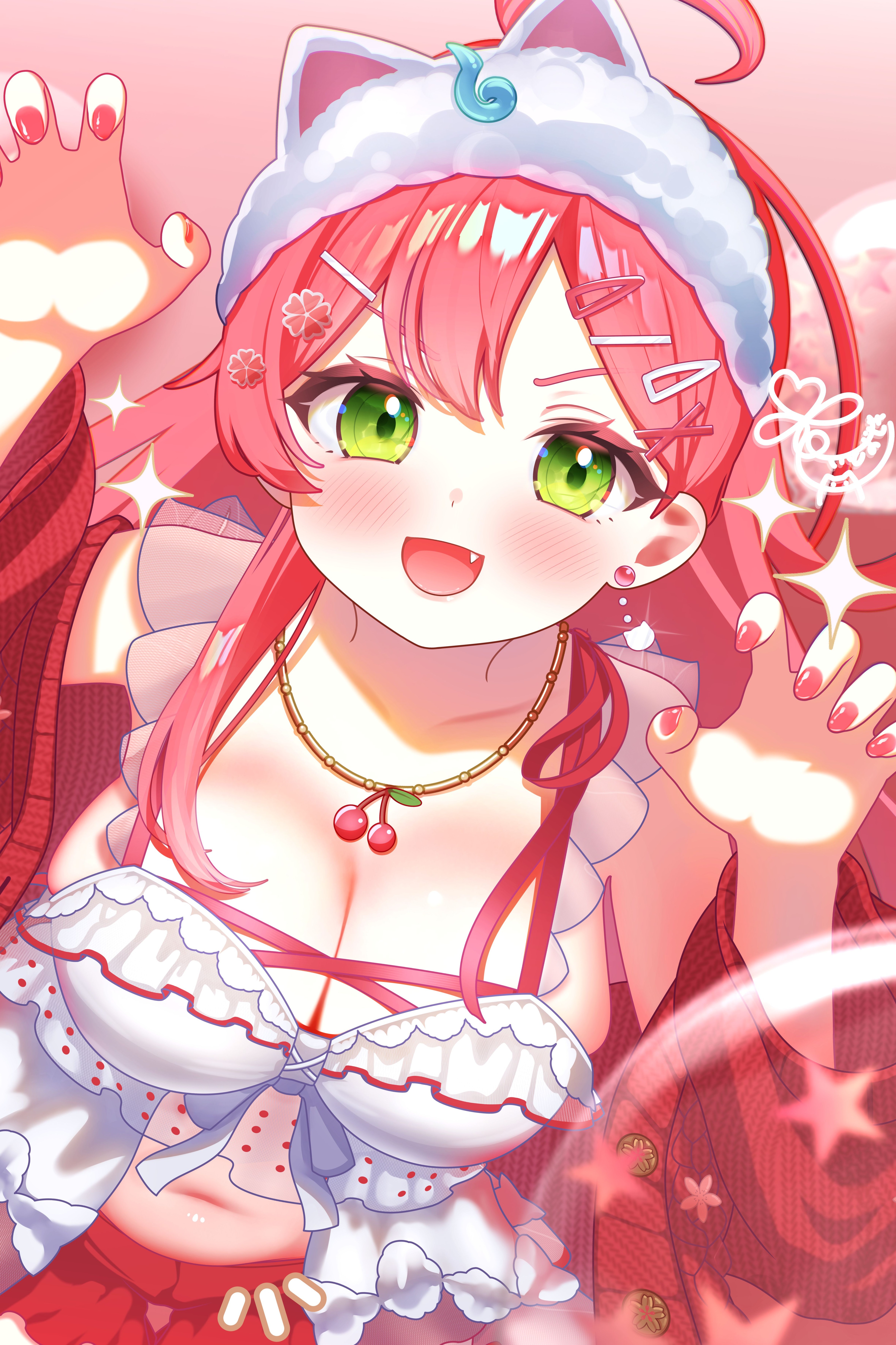 sakura miko, sakura miko (loungewear), hololive, absurdres, commentary request, highres, 1girl, ahoge, animal ear hairband, animal ears, asymmetrical legwear, babydoll, blush, bow, breasts, cardigan, cat ear hairband, cat ears, claw pose, double-parted bangs, fake animal ears, fingernails, frilled babydoll, frilled shorts, frills, green eyes, hair between eyes, hair bow, hairband, ito siki, jewelry, long hair, looking at viewer, multiple views, nail polish, navel, necklace, official alternate costume, official alternate hairstyle, pink background, pink nails, red cardigan, shorts, simple background, sleeves past wrists, stomach, virtual youtuber