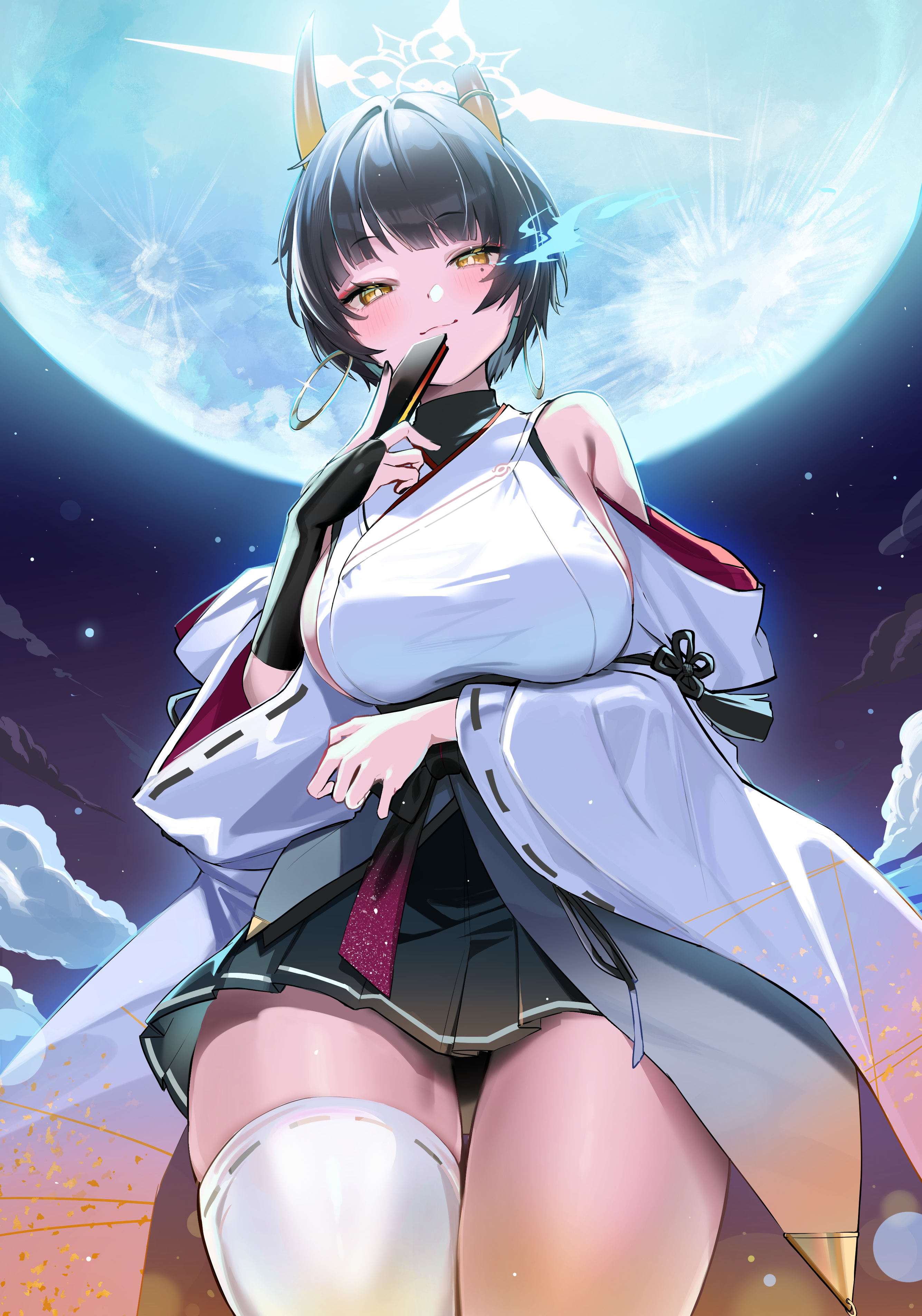 felnemo, niya (blue archive), blue archive, absurdres, commentary request, highres, 1girl, bare shoulders, black hair, black skirt, blunt bangs, blush, breasts, bridal gauntlets, broken horn, detached sleeves, earrings, eyeliner, folding fan, halo, hand fan, hoop earrings, horns, japanese clothes, jewelry, kimono, large breasts, looking at viewer, makeup, mole, mole under eye, moon, night, pleated skirt, sash, short hair, sideboob, single bridal gauntlet, single thighhigh, skirt, sky, sleeveless, sleeveless kimono, smile, solo, tassel, thighhighs, thighs, white kimono, white thighhighs, wide sleeves, yellow eyes
