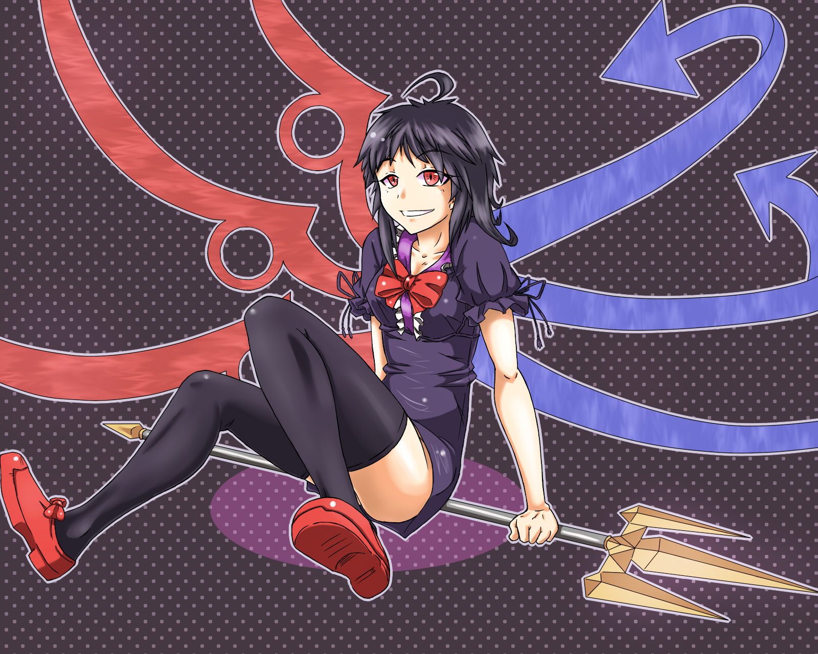 kurozako, houjuu nue, touhou, highres, 1girl, black hair, black thighhighs, female focus, legs, polearm, red eyes, shoes, short hair, sitting, snake, solo, spear, thighhighs, trident, weapon, wings, zettai ryouiki