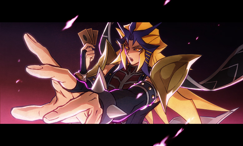 tea (retroz), paradox (yu-gi-oh!), yu-gi-oh!, yu-gi-oh! 3d bonds beyond time, bad id, bad pixiv id, 1boy, blonde hair, card, colored bangs, holding, holding card, long hair, male focus, solo, yellow eyes