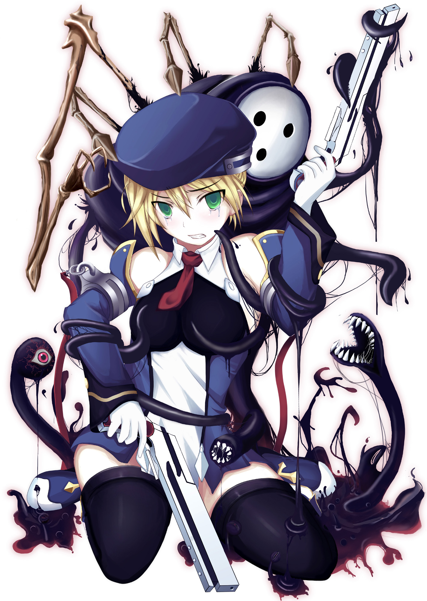 motimoti (neet-a-neet), arakune, noel vermillion, arc system works, blazblue, blazblue: calamity trigger, highres, 1girl, beret, blonde hair, detached sleeves, gloves, green eyes, gun, hat, imminent rape, tears, tentacles, thighhighs, weapon