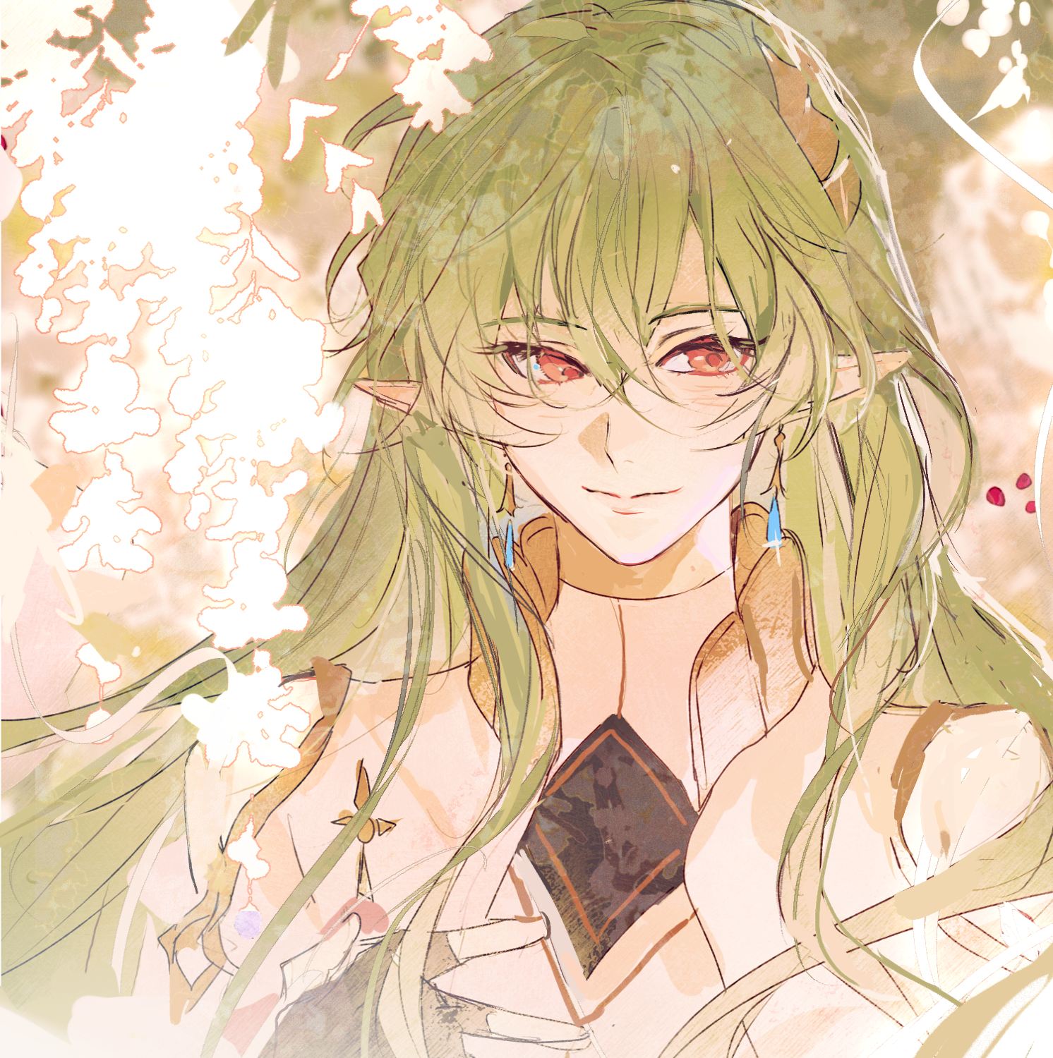 welcome to dreamland, blue gem, chinese commentary, commentary request, highres, 1boy, bare shoulders, black gloves, blurry, blurry background, closed mouth, earrings, fingerless gloves, flower, gem, gloves, gold trim, green hair, hair between eyes, hand on own chest, jewelry, laurel crown, light blush, lips, long hair, looking at viewer, male focus, pointy ears, red eyes, selien (welcome to dreamland), shirt, sleeveless, sleeveless shirt, smile, solo, sumidainxin, teardrop earrings, turtleneck, turtleneck shirt, upper body, white flower, white shirt, wisteria