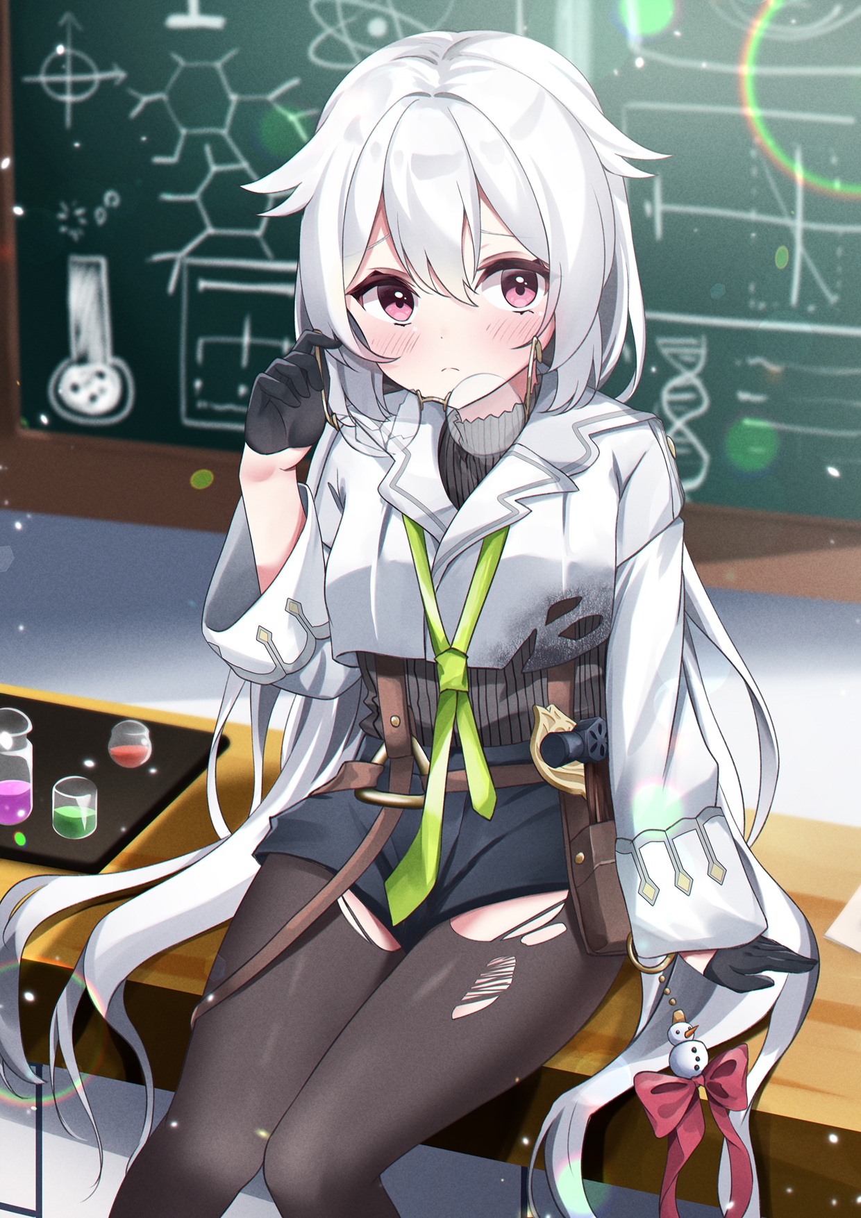 aizawa (aizawatsu), fuyuka (stella sora), stella sora, commentary request, highres, 1girl, black gloves, black pantyhose, bow, breasts, broken eyewear, chalkboard, gloves, green necktie, grey hair, hair between eyes, hair flaps, holding, holding removed eyewear, long hair, long sleeves, looking at viewer, loose necktie, necktie, official alternate costume, pantyhose, pink eyes, red bow, snowman ornament, solo, torn clothes, torn pantyhose, unworn eyewear