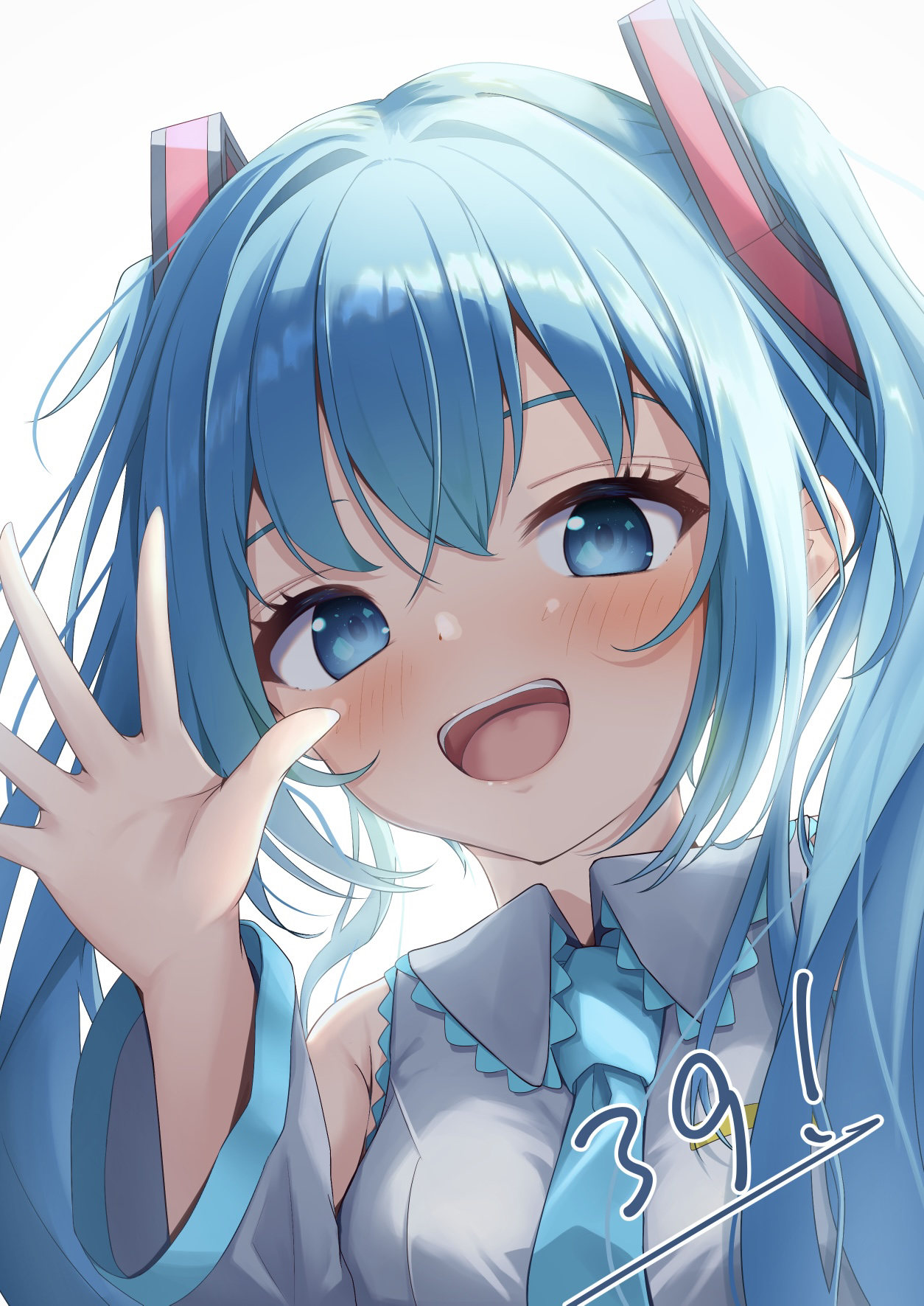 pi liod, hatsune miku, vocaloid, commentary request, highres, 1girl, 39, aqua eyes, aqua hair, aqua trim, blush, collared shirt, detached sleeves, grey shirt, grey sleeves, hair between eyes, hair ornament, long hair, long sleeves, looking at viewer, miku day, open mouth, shirt, simple background, smile, solo, twintails, very long hair, white background