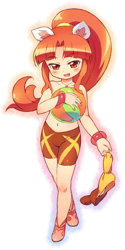 om (nk2007), leonne, fushigiboshi no futago hime, 00s, 1girl, animal ears, ball, bike shorts, blush, bracelet, brown eyes, brown hair, covering breasts, covering privates, fang, female focus, flat chest, jewelry, long hair, naughty face, navel, ponytail, shorts, solo, topless female