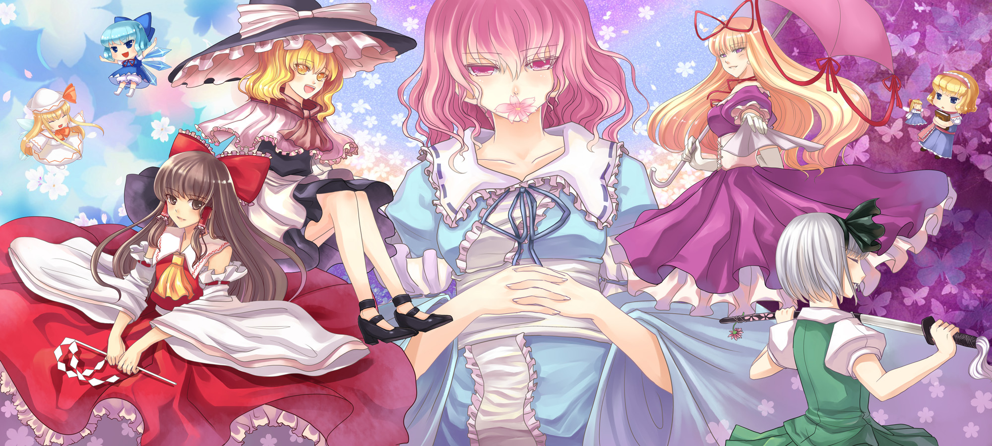 aprilred, alice margatroid, cirno, hakurei reimu, kirisame marisa, konpaku youmu, saigyouji yuyuko, yakumo yukari, perfect cherry blossom, touhou, bad id, bad pixiv id, highres, 6+girls, hat, multiple girls