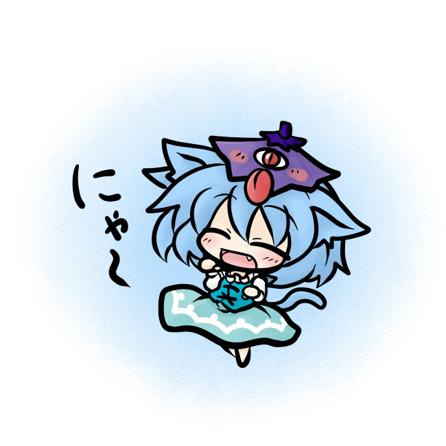 yanagi (nurikoboshi), tatara kogasa, touhou, 1girl, animal ears, blue hair, cat ears, cat girl, cat tail, chibi, fang, female focus, full body, gradient background, karakasa obake, kemonomimi mode, short hair, solo, standing, tail, tongue, umbrella, white background