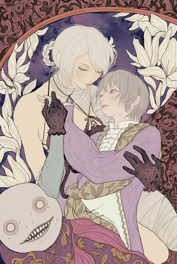 hagushka, emil (nier), kaine (nier), nier, nier (series), commentary, english commentary, 1boy, 1girl, abstract background, art nouveau, backless outfit, bandaged arm, bandaged leg, bandaged neck, bandages, blue negligee, braid, braided hair rings, emil (human) (nier), feather-trimmed sleeves, gloves, green shawl, grey hair, hair rings, holding, jacket, lace-trimmed jacket, lingerie, looking at another, lunar tear, lying, lying on person, mask, negligee, purple jacket, shawl, signature, single bare shoulder, underwear, white hair
