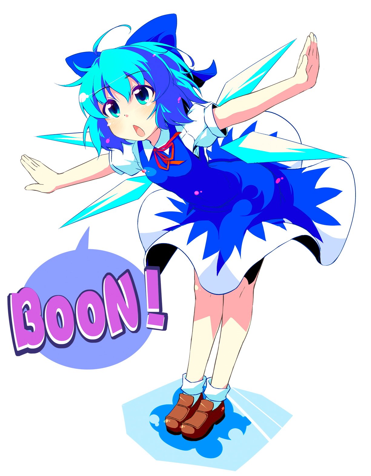 sw (taco), cirno, 2channel, embodiment of scarlet devil, touhou, highres, 1girl, airplane arms, blue eyes, blue hair, bow, female focus, hair bow, matching hair/eyes, outstretched arms, ribbon, solo, spread arms, wings