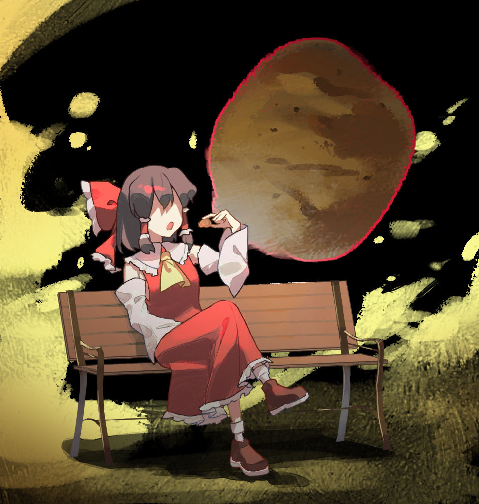 ko gyoku, hakurei reimu, mcdonald's, touhou, commentary request, 1girl, ascot, bow, brown hair, brown shoes, chicken nuggets, crossed legs, detached sleeves, eating, frilled bow, frilled hair tubes, frilled skirt, frills, hair bow, hair tubes, long hair, on bench, red bow, red skirt, shoes, sitting, skirt, skirt set, socks, solo, white socks, yellow ascot