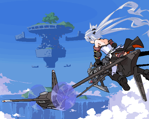 mof, mof's silver haired twintailed girl, original, silver hair, bad id, bad pixiv id, lowres, 1girl, aircraft, airplane, bare shoulders, female focus, floating city, flying, looking back, oekaki, scenery, solo, twintails