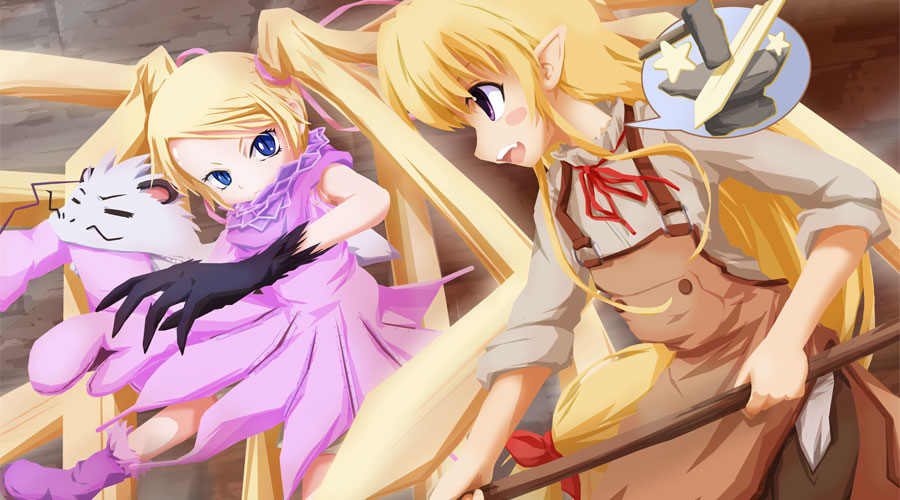 lisa (seiken no blacksmith), niche (tegami bachi), steak (tegami bachi), seiken no blacksmith, tegami bachi, 00s, blonde hair, blue eyes, blush, blush stickers, crossover, long hair, pointy ears, prehensile hair, purple eyes, very long hair