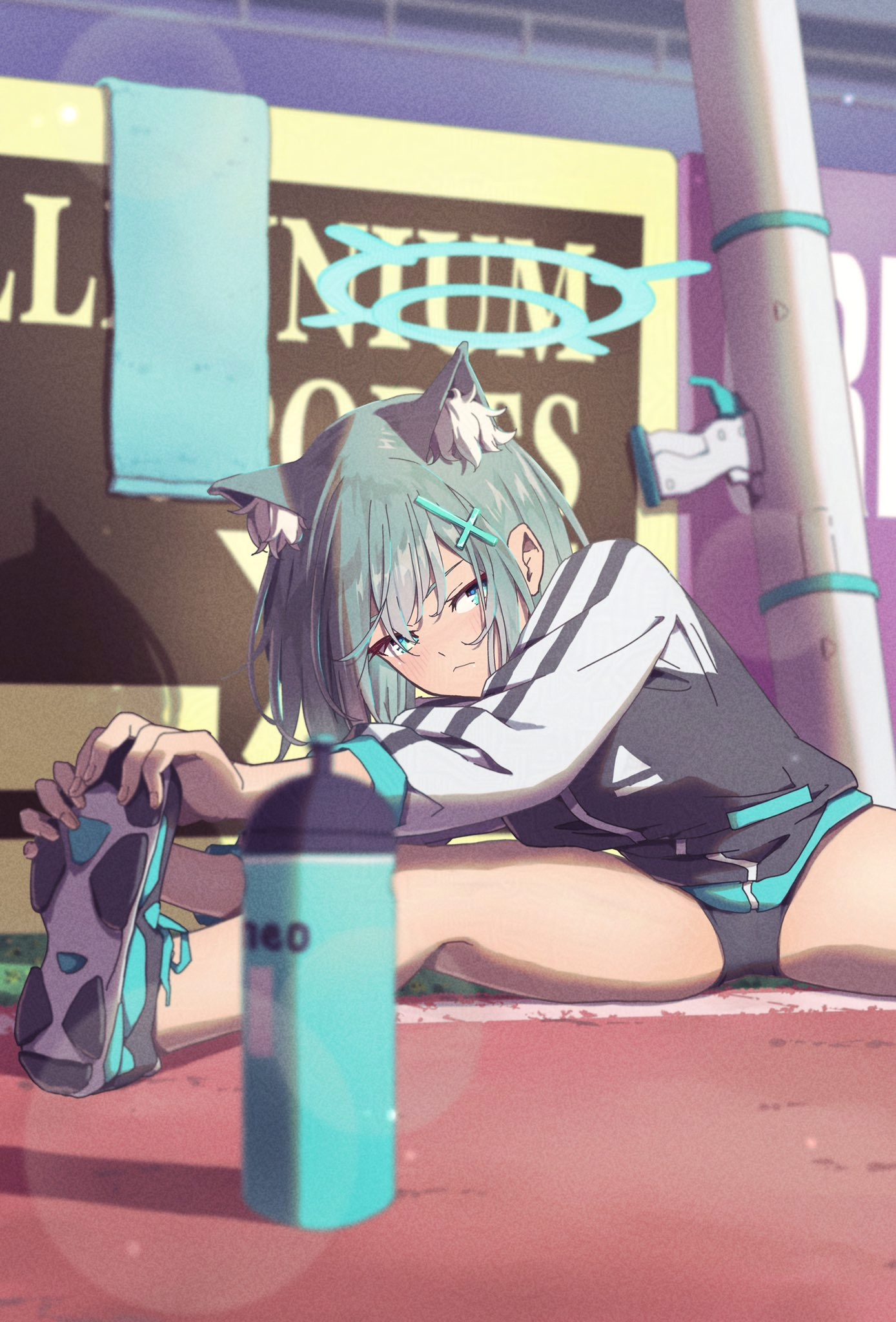 matsumoto yutaka, shiroko (blue archive), blue archive, commentary request, highres, 1girl, animal ear fluff, animal ears, bloomers, blue halo, buruma, cross hair ornament, extra ears, grey hair, gym uniform, hair ornament, halo, hands on own foot, jacket, multicolored jacket, solo, split, sportswear, spread legs, stretching, two-tone jacket, underwear, wide spread legs, wolf ears, wolf girl