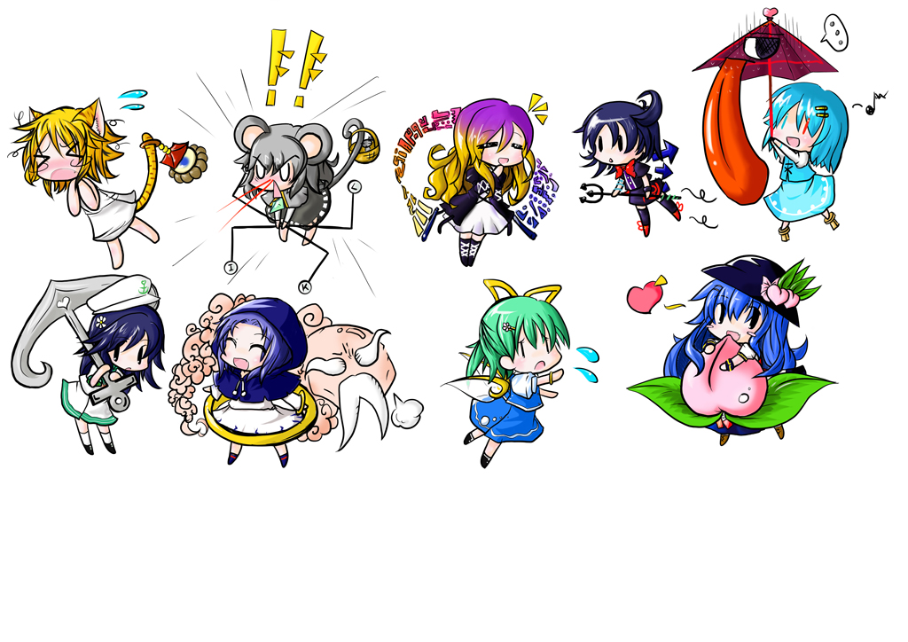 runjay, daiyousei, hijiri byakuren, hinanawi tenshi, houjuu nue, kumoi ichirin, murasa minamitsu, nazrin, tatara kogasa, toramaru shou, unzan, embodiment of scarlet devil, touhou, !, > <, 6+girls, ^ ^, angry, bishamonten's pagoda, chibi, closed eyes, heterochromia, karakasa obake, multiple girls, o o, sorcerer's sutra scroll, umbrella, | |