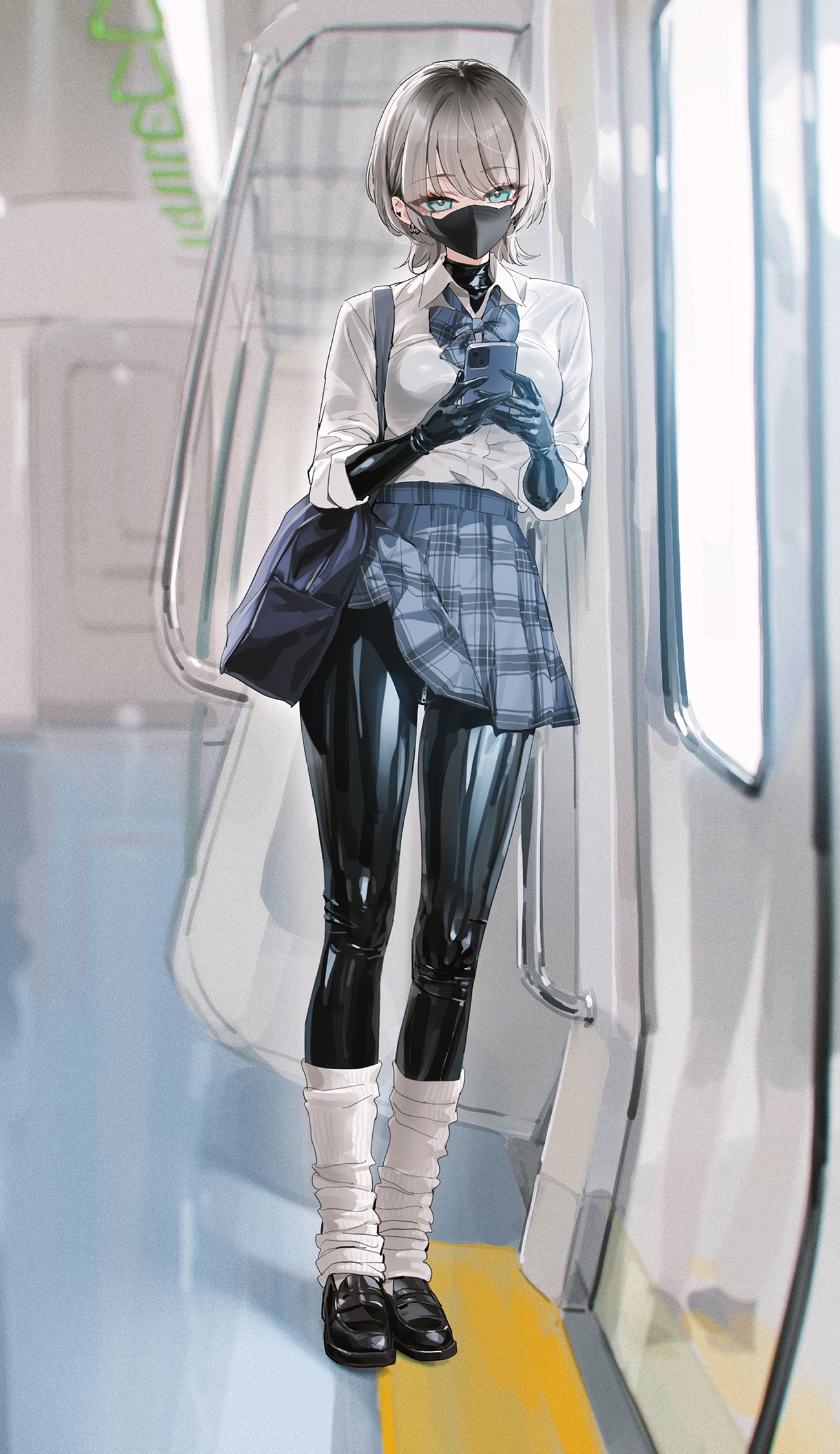 yd (orange maru), original, commentary, english commentary, highres, 1girl, aqua eyes, bag, black bodysuit, black mask, black shoes, blush, bodysuit, bodysuit under clothes, cellphone, clothes lift, collared shirt, crotch zipper, full body, gloves, grey hair, hand grip, holding, holding phone, latex, latex bodysuit, latex gloves, loafers, long sleeves, looking at viewer, loose socks, mask, mouth mask, phone, plaid clothes, plaid skirt, pleated skirt, school bag, school uniform, shiny clothes, shirt, shoes, short hair, skin tight, skirt, skirt lift, smartphone, socks, solo, standing, train interior, white shirt, white socks, window