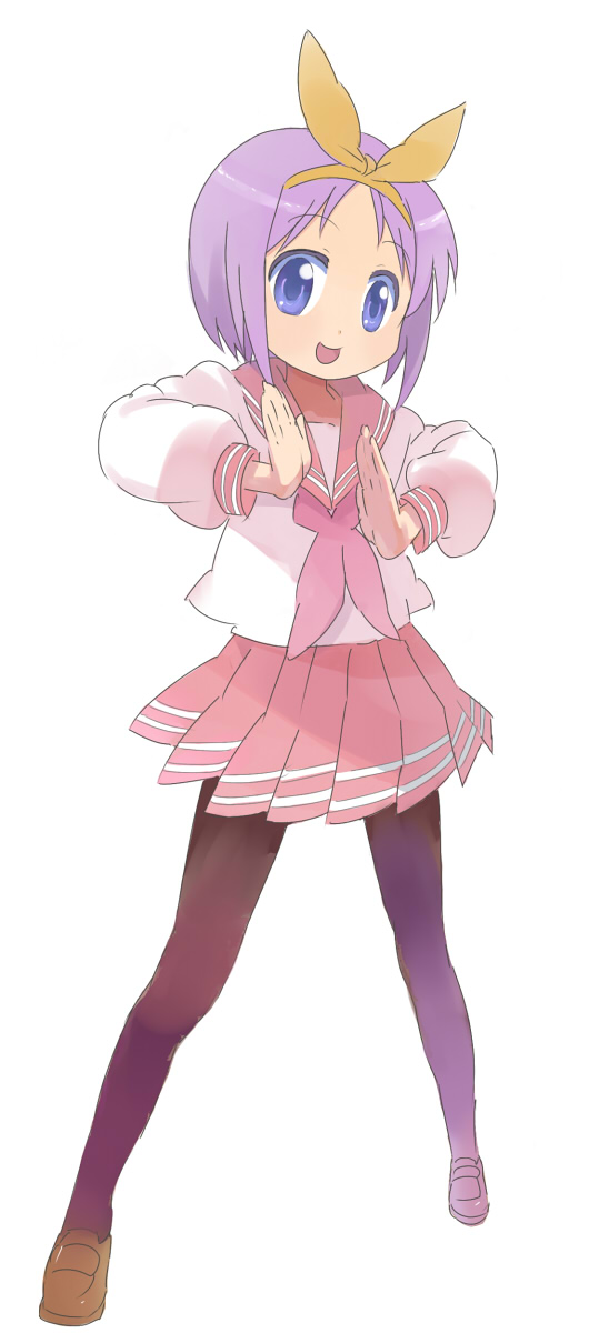 asasow, hiiragi tsukasa, lucky star, bad id, bad pixiv id, highres, 00s, 1girl, blue eyes, bow, female focus, full body, hair bow, pantyhose, purple hair, school uniform, simple background, skirt, solo, white background