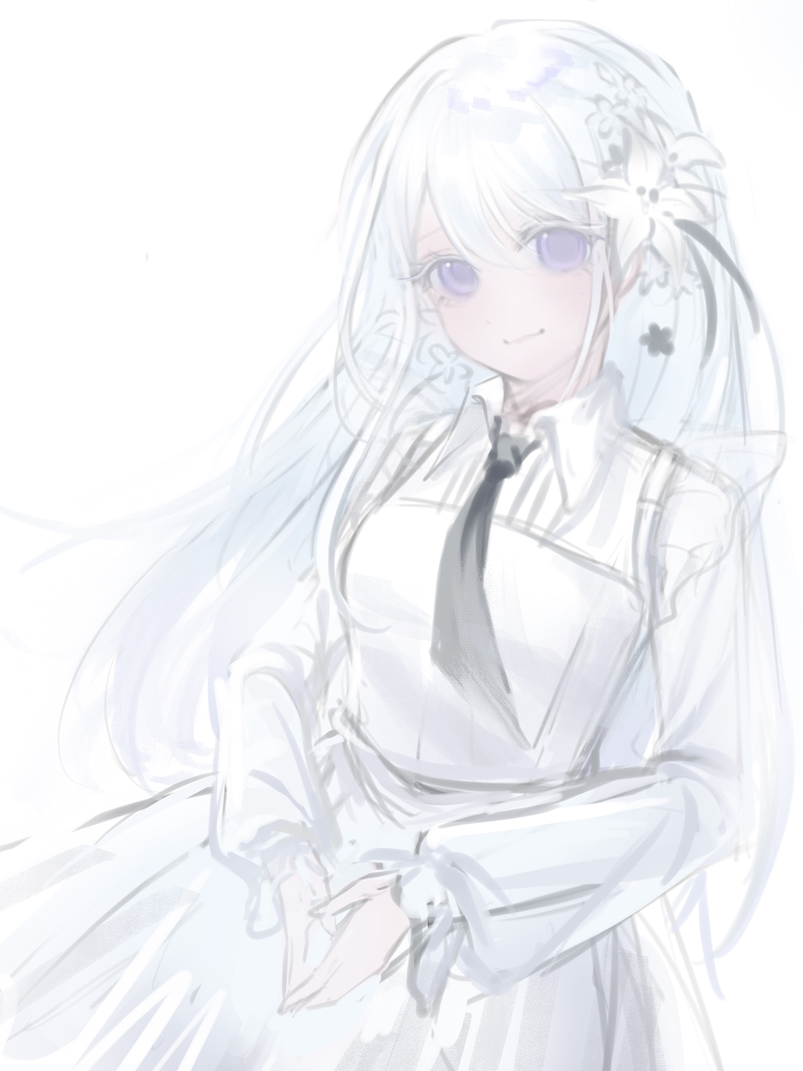 bang dream!, commentary, hashtag-only commentary, highres, 1girl, bang dream! our notes, black necktie, flower, hair flower, hair ornament, long hair, looking at viewer, necktie, own hands together, purple eyes, shiomi hotaru, shirt, shoushud, simple background, solo, white background, white hair, white shirt