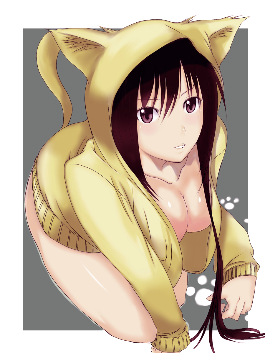 sayamai miyabi, original, highres, 1girl, animal hood, black hair, bottomless, breasts, cat hood, cleavage, female focus, hood, hoodie, large breasts, long hair, open clothes, open shirt, purple eyes, shirt, solo