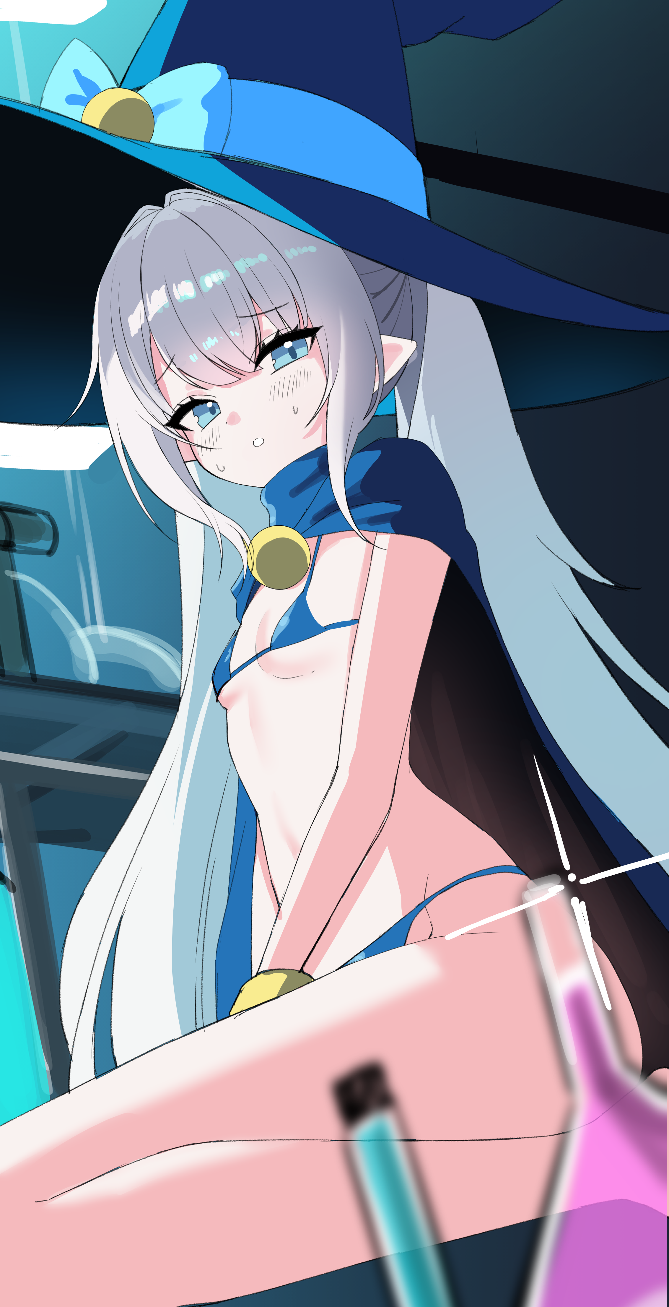 suisen (suisenhwa), female mage (dungeon and fighter), dungeon and fighter, original, absurdres, commission, highres, 1girl, bare legs, bikini, blue bikini, blue cape, blue eyes, blue hat, blurry, blush, breasts, cape, depth of field, flask, hat, long hair, looking at viewer, navel, parted lips, pointy ears, sidelocks, small breasts, solo, stomach, string bikini, sweat, swimsuit, thighs, twintails, very long hair, white hair, witch hat