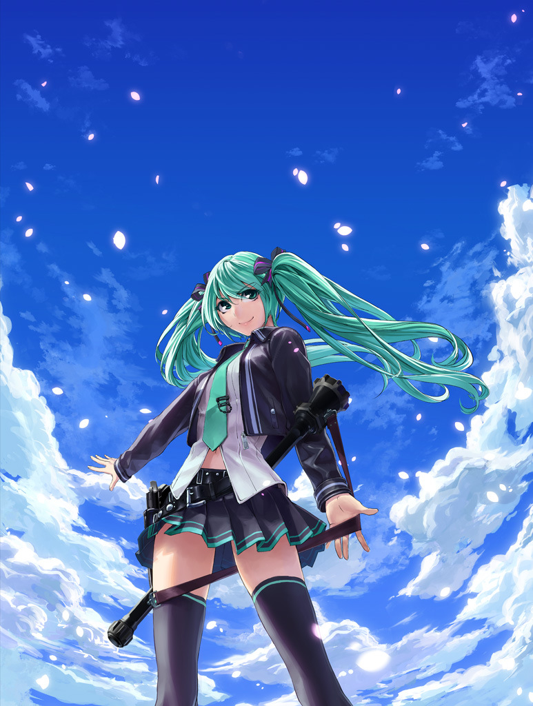 yahako, hatsune miku, vocaloid, 1girl, aqua eyes, aqua hair, black thighhighs, cloud, day, female focus, long hair, necktie, outdoors, petals, skirt, sky, smile, solo, thighhighs, twintails, zettai ryouiki