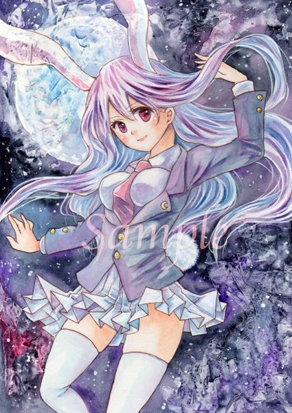 mucco, reisen udongein inaba, touhou, acrylic paint (medium), millipen (medium), painting (medium), pen (medium), traditional media, watercolor (medium), 1girl, animal ears, blazer, breasts, crescent, crescent moon, female focus, full moon, jacket, legs, lips, long hair, long sleeves, moon, purple hair, purple theme, rabbit ears, red eyes, skirt, sky, smile, solo, tail, thighhighs, white thighhighs, zettai ryouiki