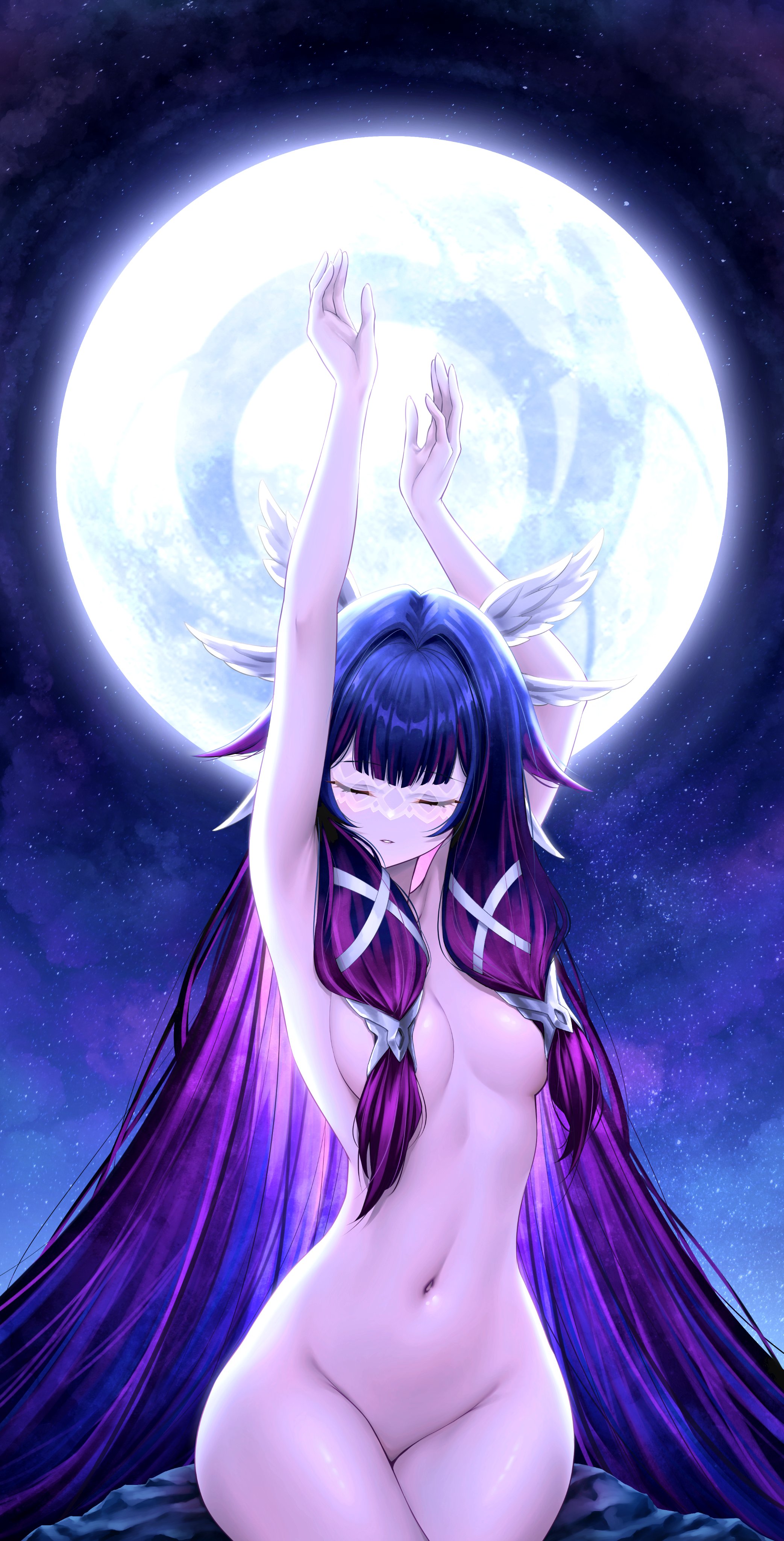 royboy, columbina (genshin impact), genshin impact, guilty crown, absurdres, commentary request, highres, 1girl, arms up, black hair, breasts, closed eyes, completely nude, convenient hair, full moon, hair over breasts, hands up, head wings, long hair, medium breasts, moon, navel, night, nude, parted lips, pose imitation, purple hair, sitting, sky, solo, stomach, very long hair, wings