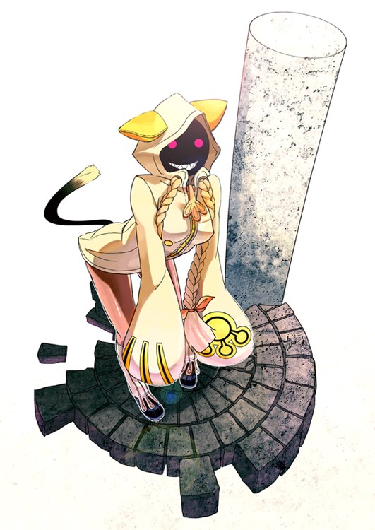 taokaka, arc system works, blazblue, animal hood, braid, cat hood, grin, hood, long hair, red eyes, smile, solo, tail, twin braids